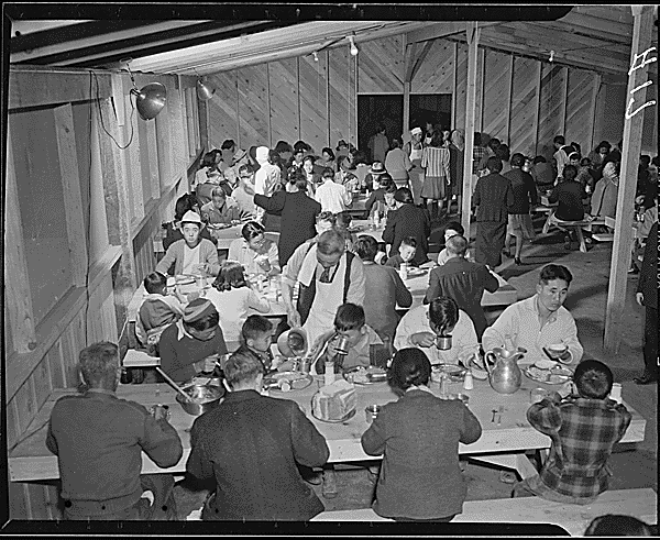 Manzanar Relocation Center, Manzanar, California. Mealtime at the Manzanar Relocation Center. National Archives.