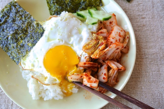 Fresh kimchi with egg, rice and seaweed. Photo courtesy of Kim Sunee.