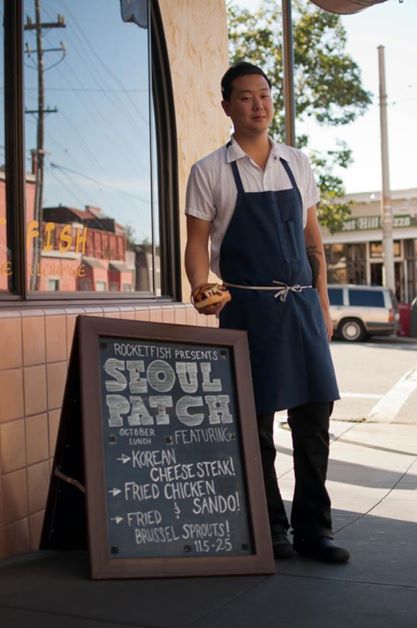 Chef Eric Ehler, a Korean adoptee, during the first days of the pop-up, Seoul Patch, promoting the signature "bulgogi cheesesteak". Photo credit: Abel Lin.